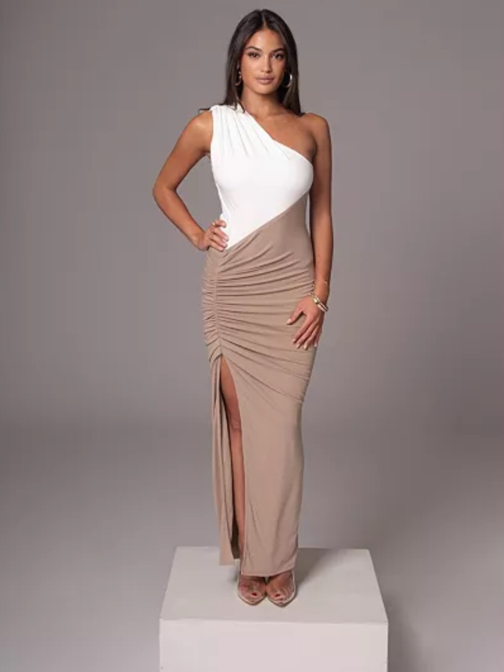 JLuxLabel One-Shoulder White and Taupe Ruched Maxi Dress